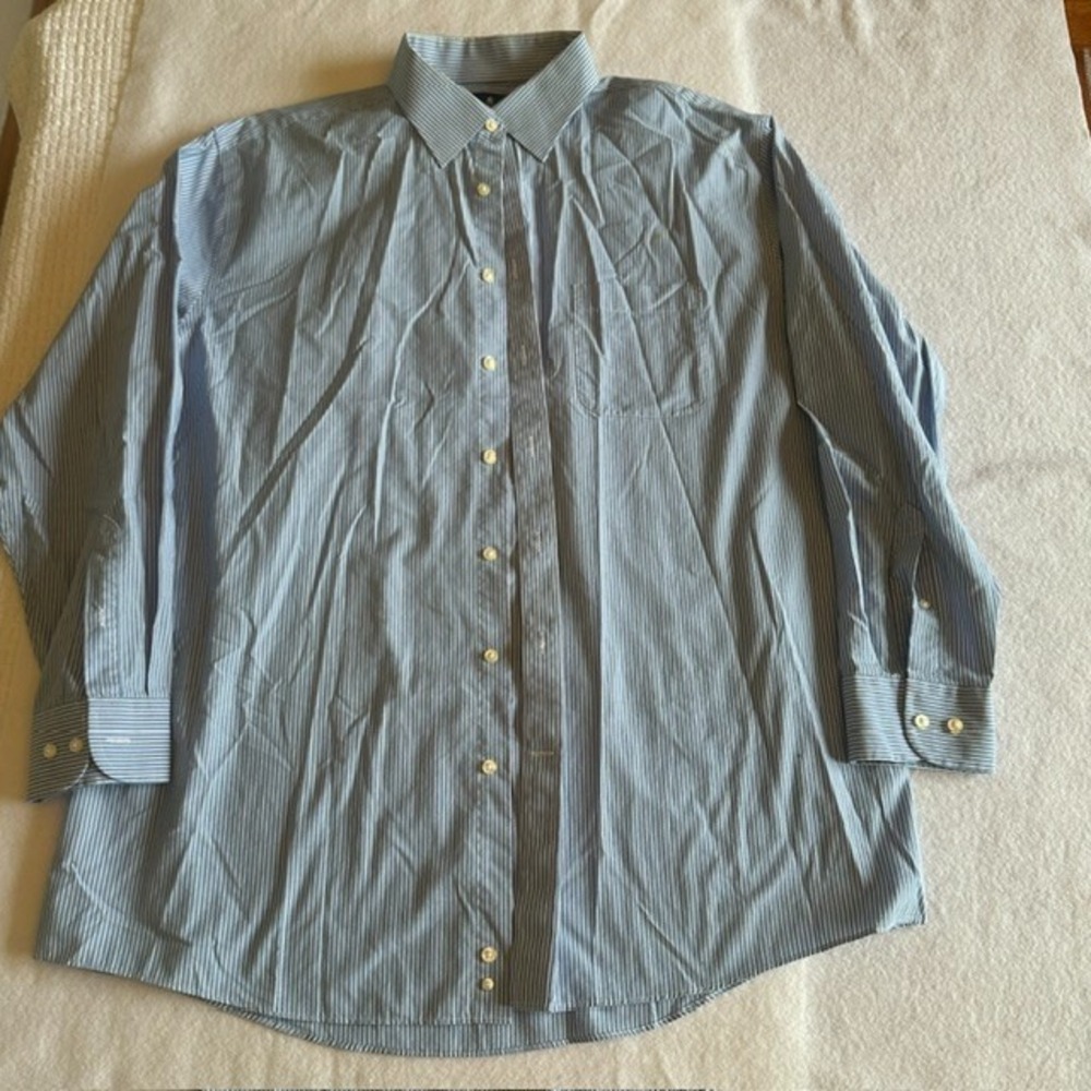 Stafford Blue White Striped Dress Shirt Men Regular Fit 17.5 34 35 Cotton Casual